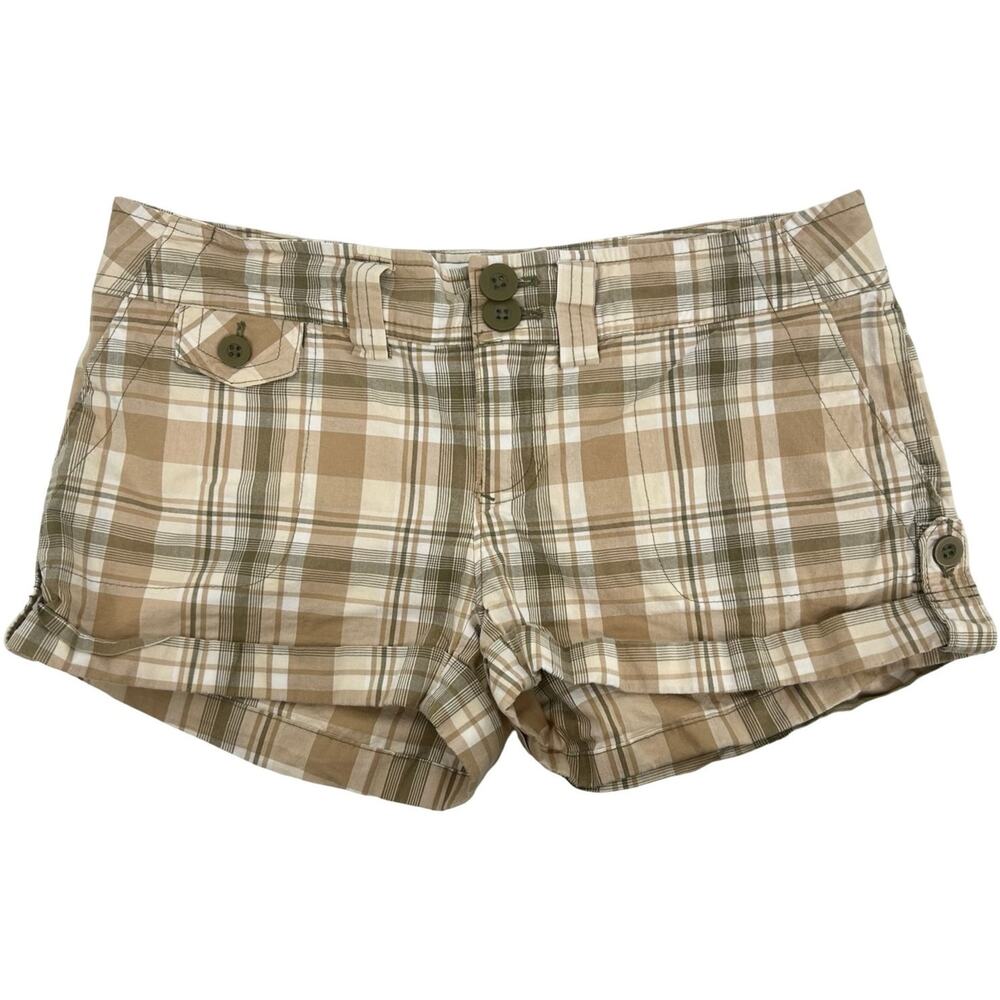 VTG y2k Women's Tan Green Plaid Low Rise Piper & Blue Micro Cheeky Shorts Size 5